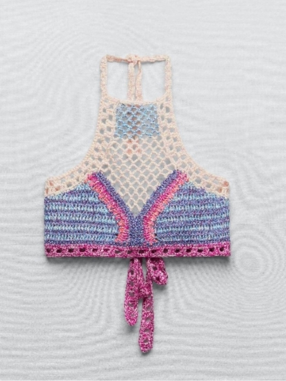Zara Blu & Pink Crochet Knit Cropped Halter Top with Adjustable Ties